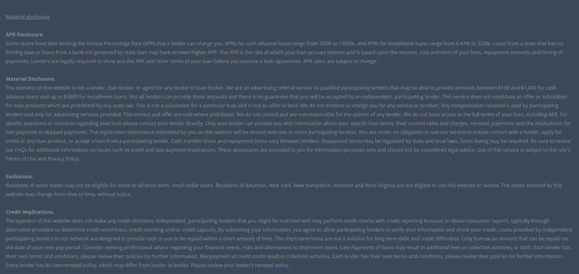 Material disclosure for payday loans in Modesto California